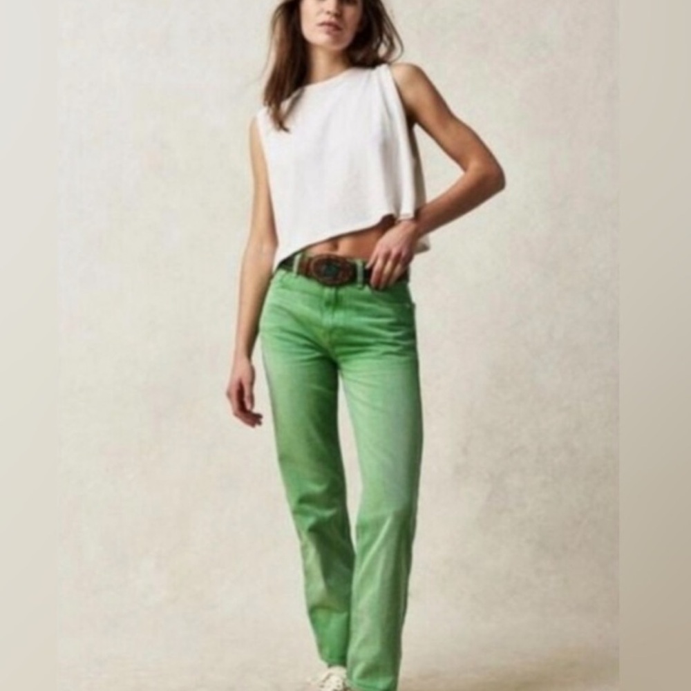 Free People The Pacifica High Rise Slim Straight Leg Jeans in Kelly Green.Sz 27